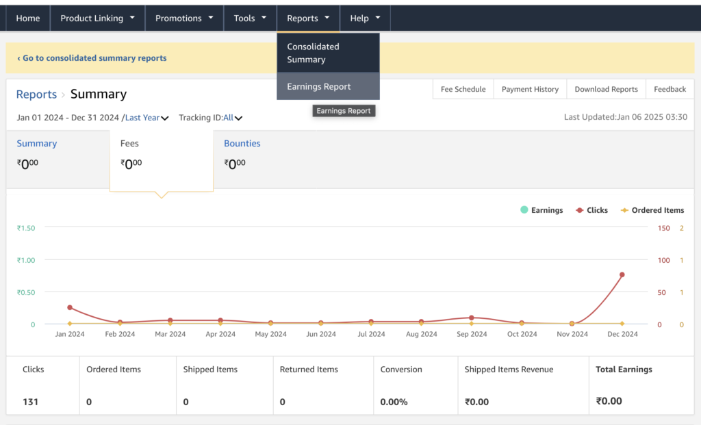 Amazon affiliate report dashboard